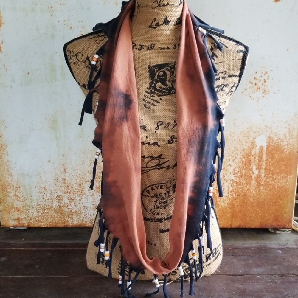 Western Boho Handmade Rust Fringe Beaded Scarf - Picture 2 of 3